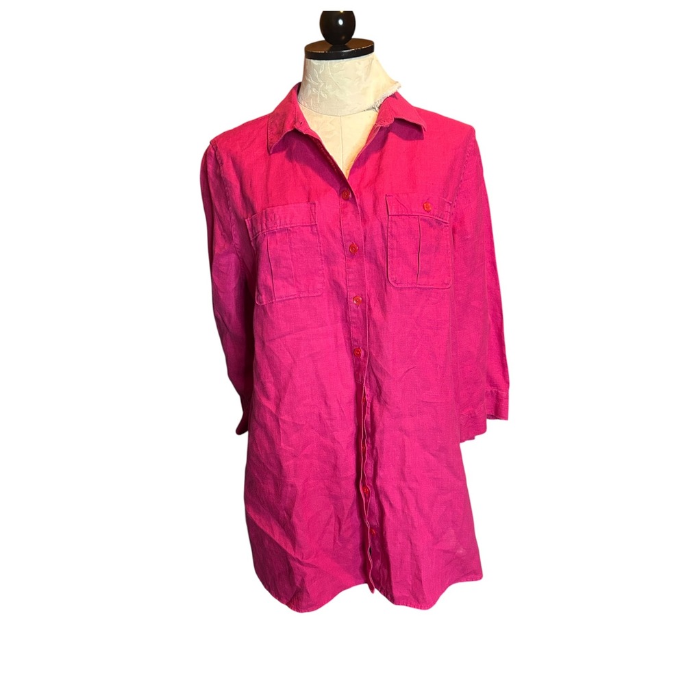 Chicos No Iron 100% Linen Button Down Tunic Shirt Magenta Pink Size 1 (M)